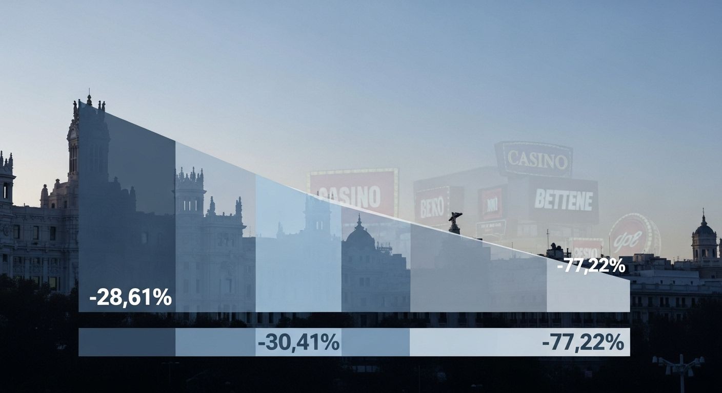 Gráfico en barras mostrando descenso porcentual de apuestas, publicidad y patrocinio en España con fondo de Madrid