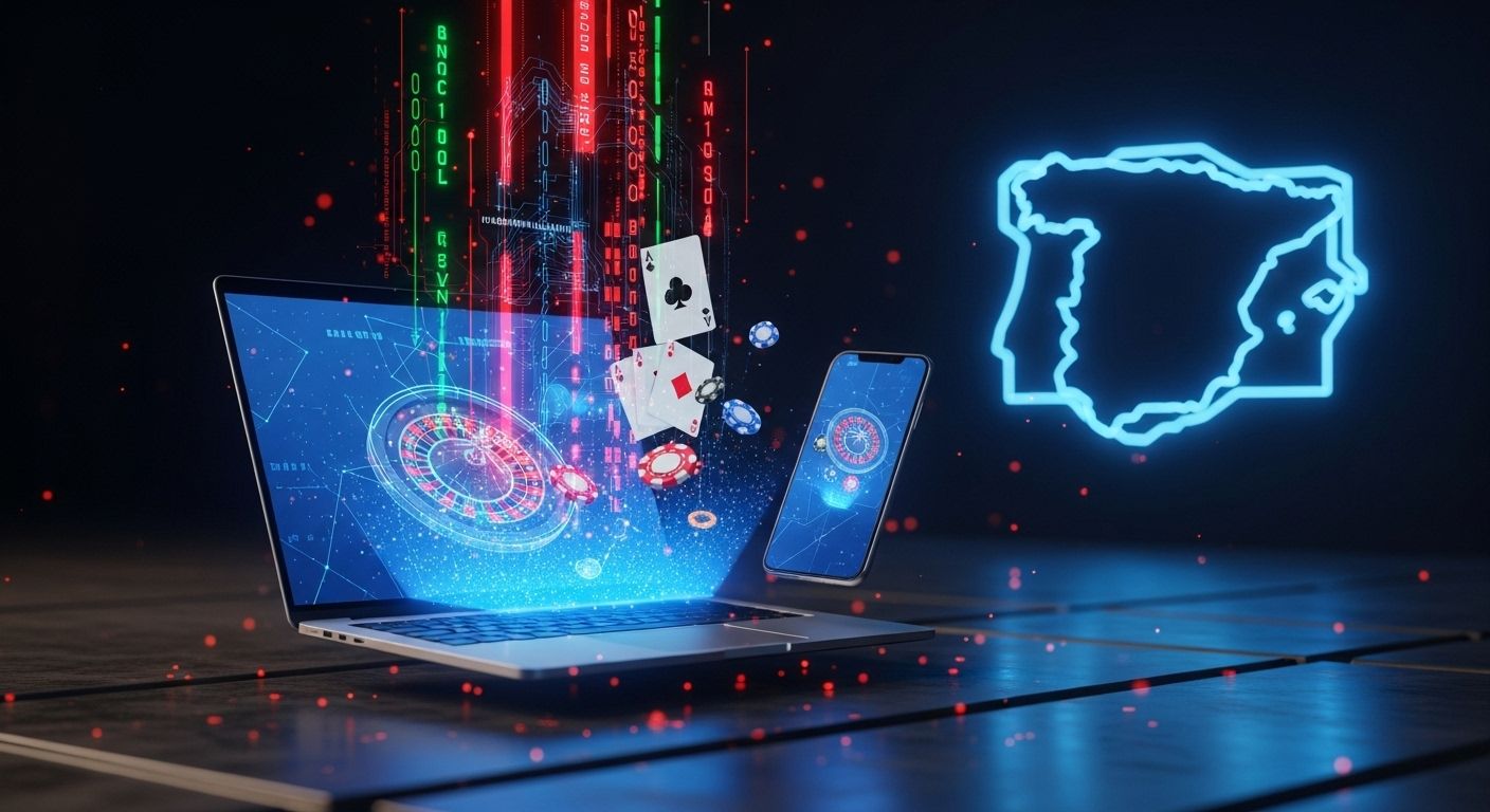 Escena futurista del juego online en España con hologramas de apuestas y gráficos